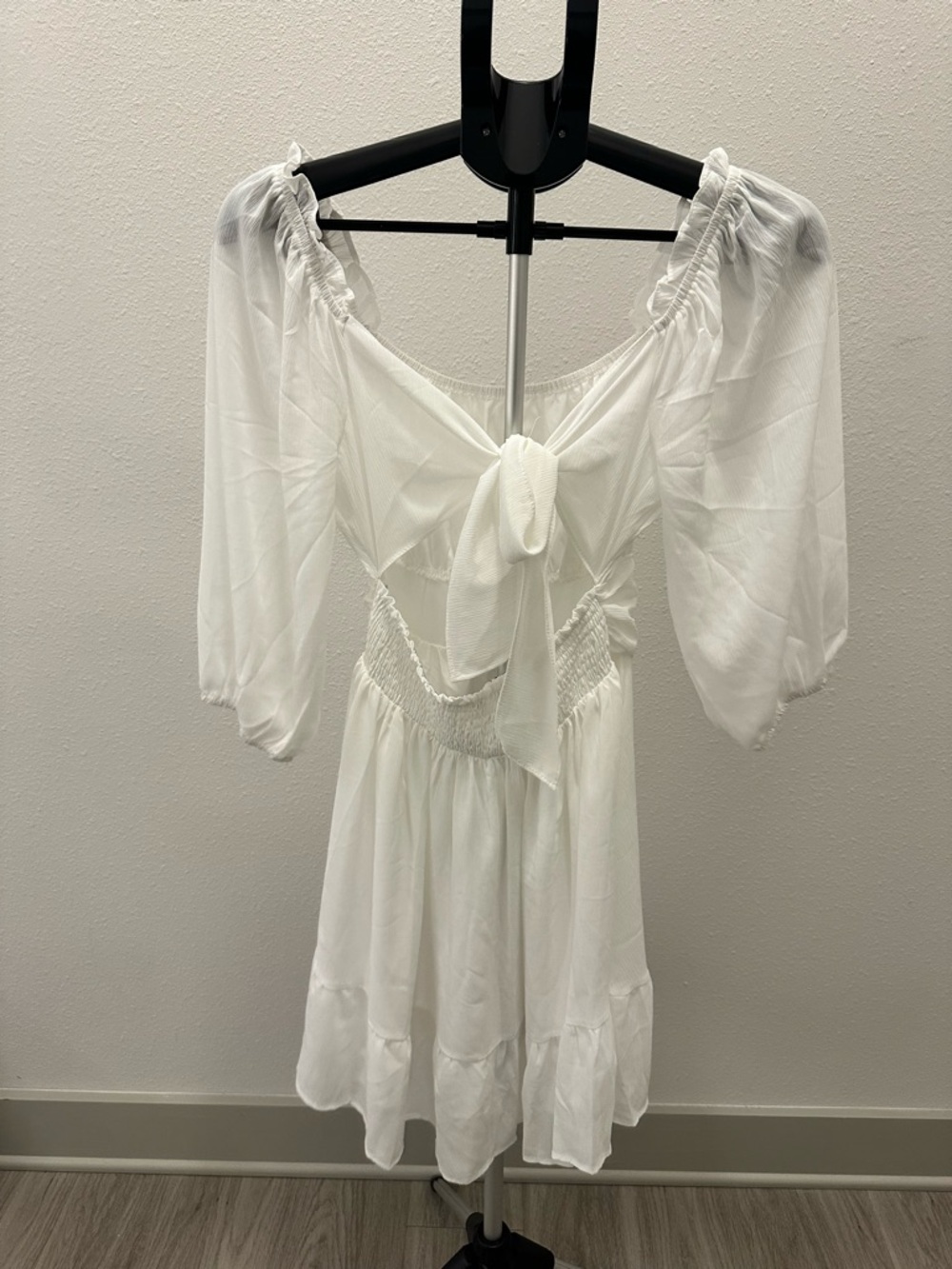 White Puff Sleeve Tie-Front Mini Dress